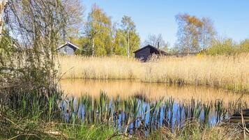 A serene lakeside setting with two cabins surrounded by tall grasses and trees.