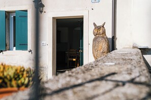 Une statue de hibou orne la façade d’un immeuble, ainsi qu’une porte et une fenêtre avec des volets verts.