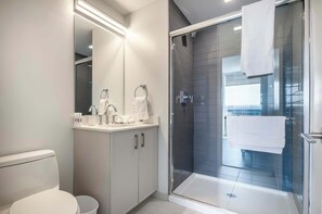 Shower, hair dryer, towels - Downtown Stamford Luxury | Indoor Pool & Gym (Stamford, CT)