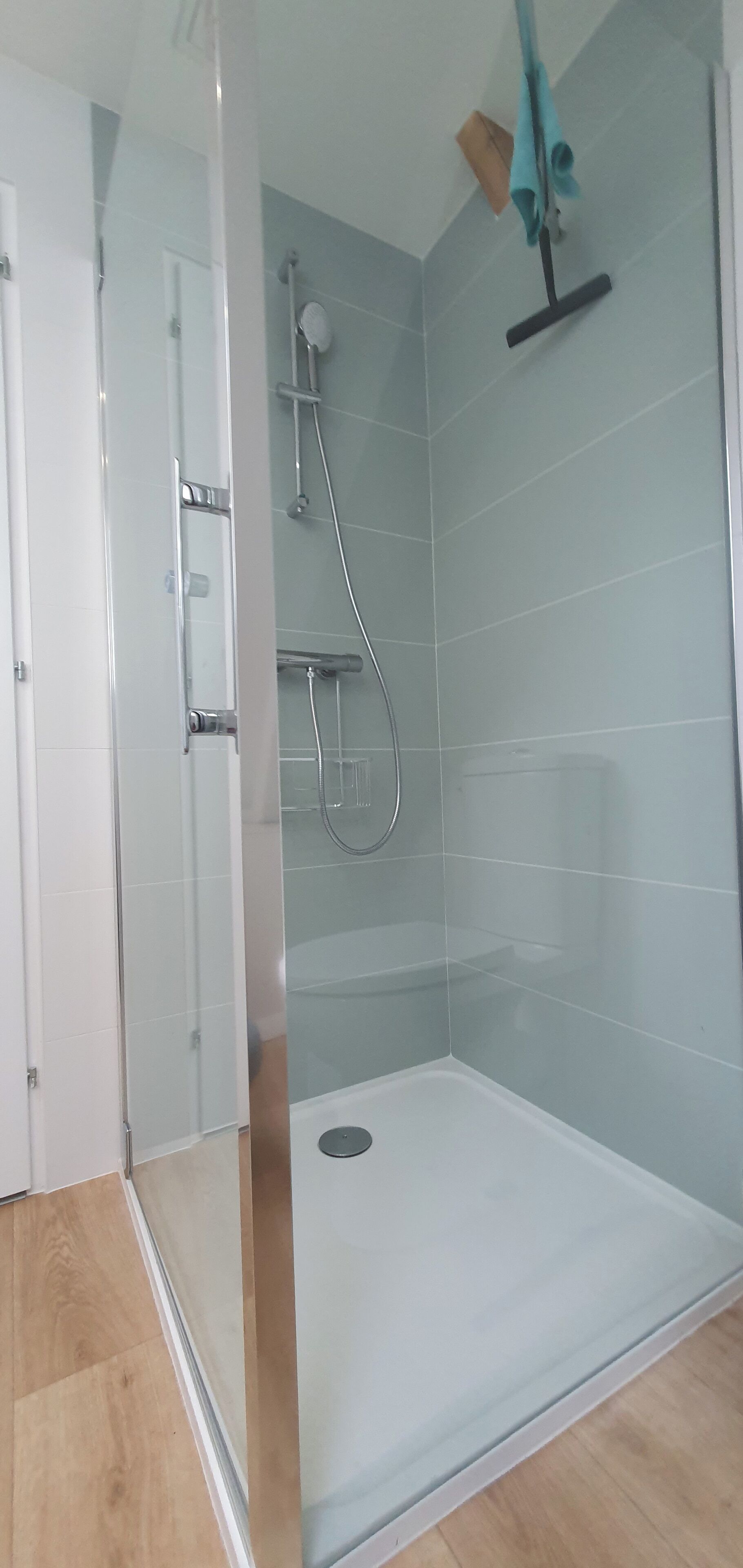 Eine Dusche mit Glasabtrennung, einer Handbrause, einem Staubsauger und einem Handtuchhalter.