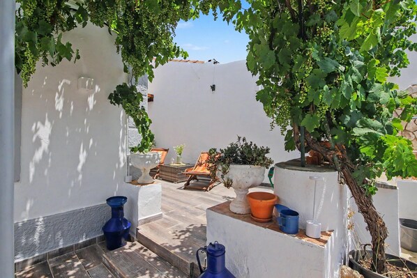 A courtyard with potted plants, a pergola, and a seating area.