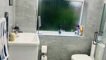 Shower, hair dryer, towels, soap