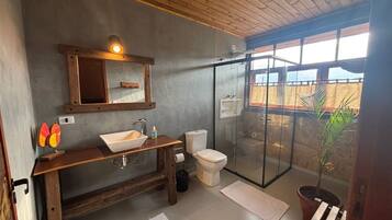 Chambre, 1 grand lit, salle de bains privée, vue montagne | Salle de bain | Serviettes fournies, savon, shampoing, papier toilette