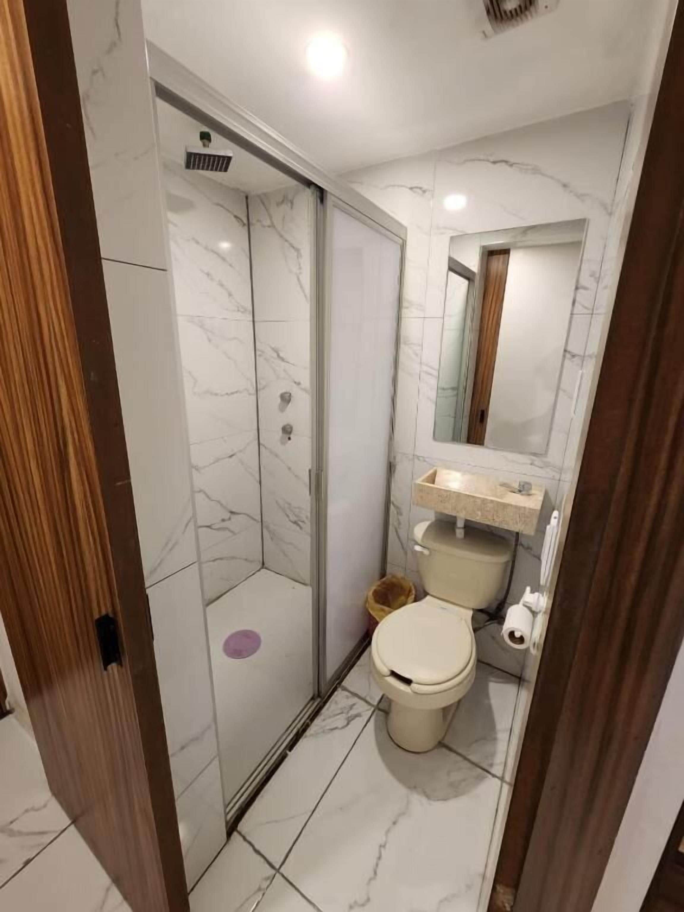 A bathroom with a shower, toilet, and vanity.