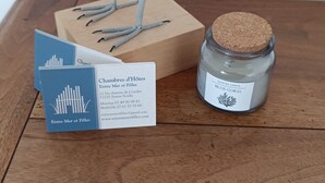 A wooden table with a sculpture of bird feet, a blue business card, and a jar labeled 'Blue Coral' scented candle. - Bed and breakfast near La Rochelle (Sainte-Soulle)