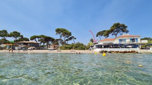 Un paysage côtier avec une eau claire, une plage et des bâtiments dotés de terrasses extérieures.