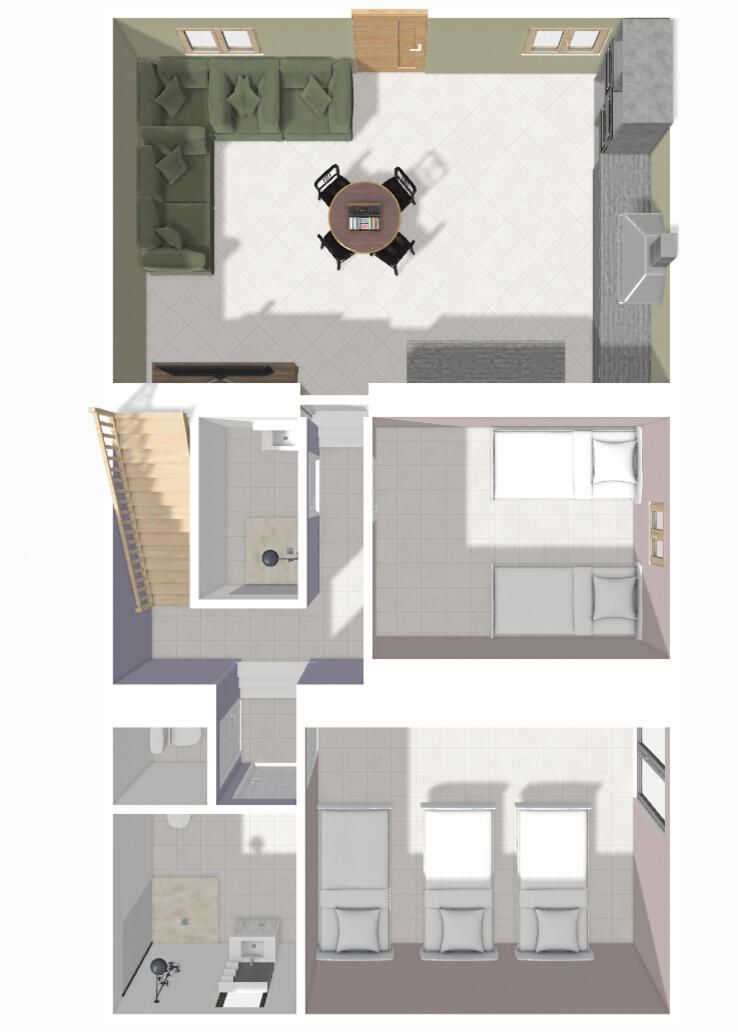 A hotel room layout with a living area, a kitchenette, a bathroom, and a bedroom.