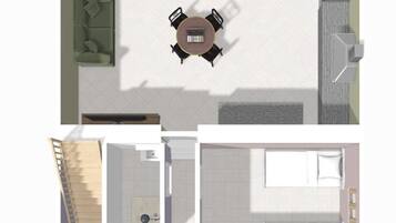 A hotel room layout with a living area, a kitchenette, a bathroom, and a bedroom.