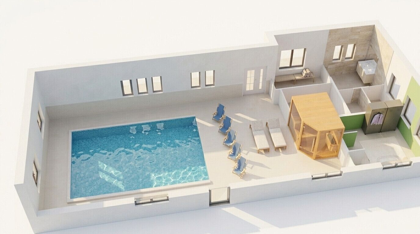 Un modèle 3D d’un hôtel doté d’une piscine, de chaises longues, d’une terrasse en bois et d’un petit espace cuisine extérieur.