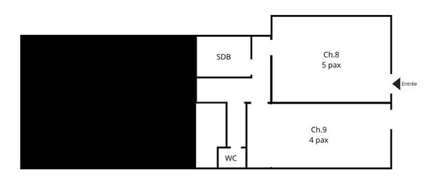 A hotel layout with a large dark area, a WC, an SDB, and two rooms labeled Ch.8 and Ch.9.