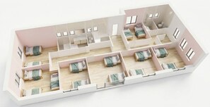 Un model 3D d'un apartament amb múltiples habitacions, dormitoris separats, un bany i zona de estar.