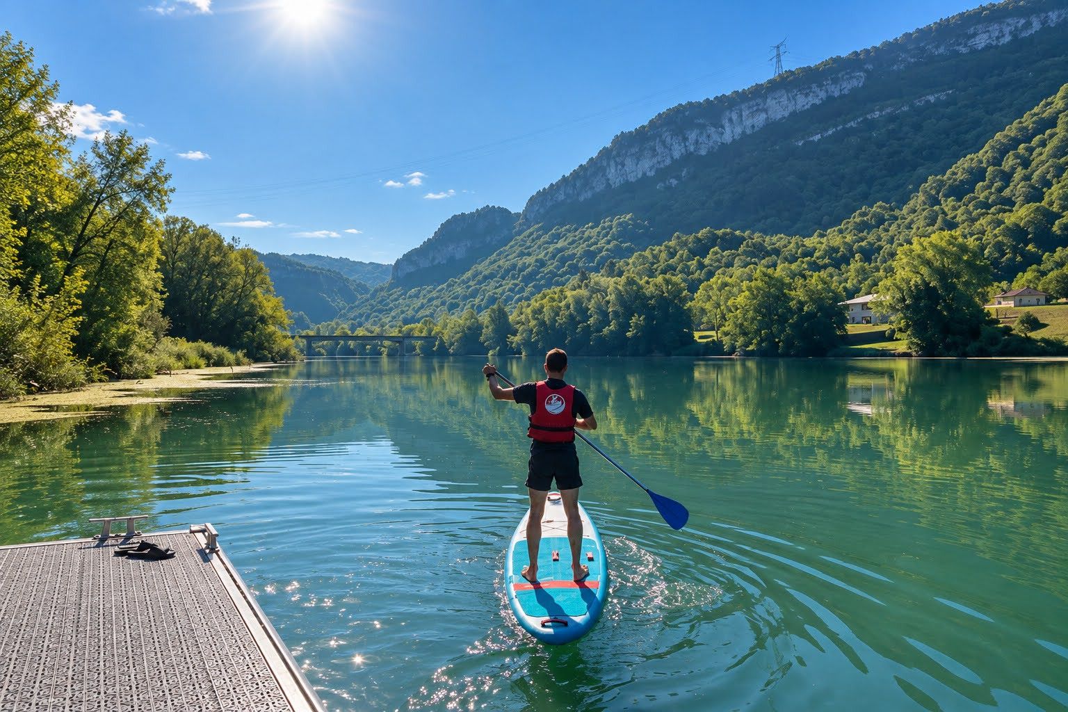 A person paddleboarding on a calm lake with a dock and paddle in the foreground, surrounded by lush green hills and clear skies.
