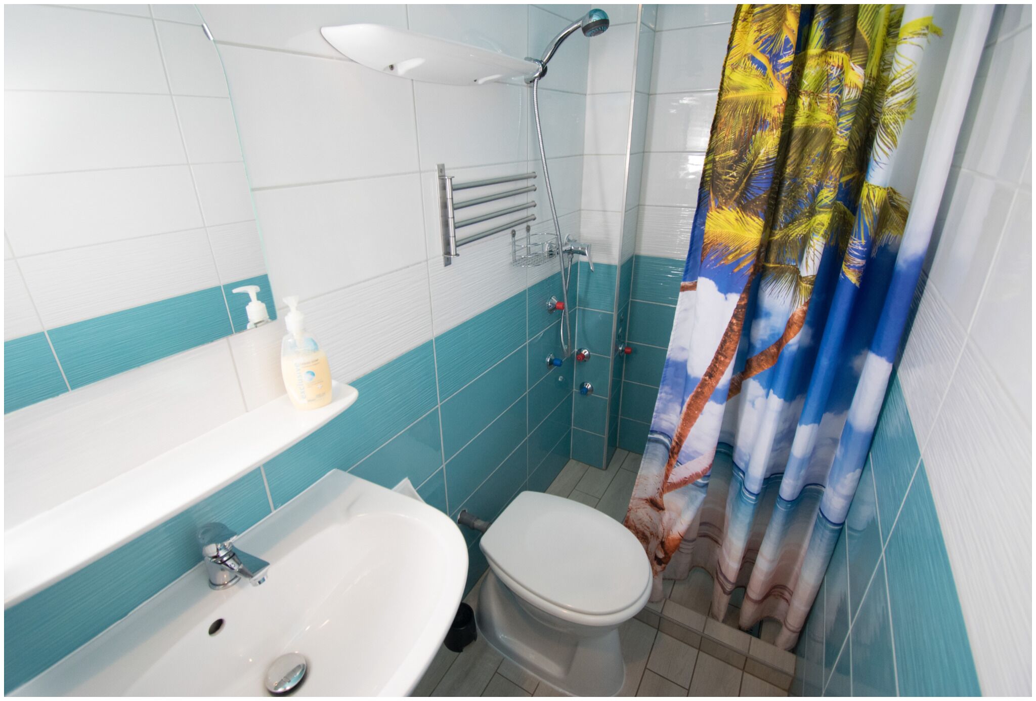 Shower, towels, soap, toilet paper