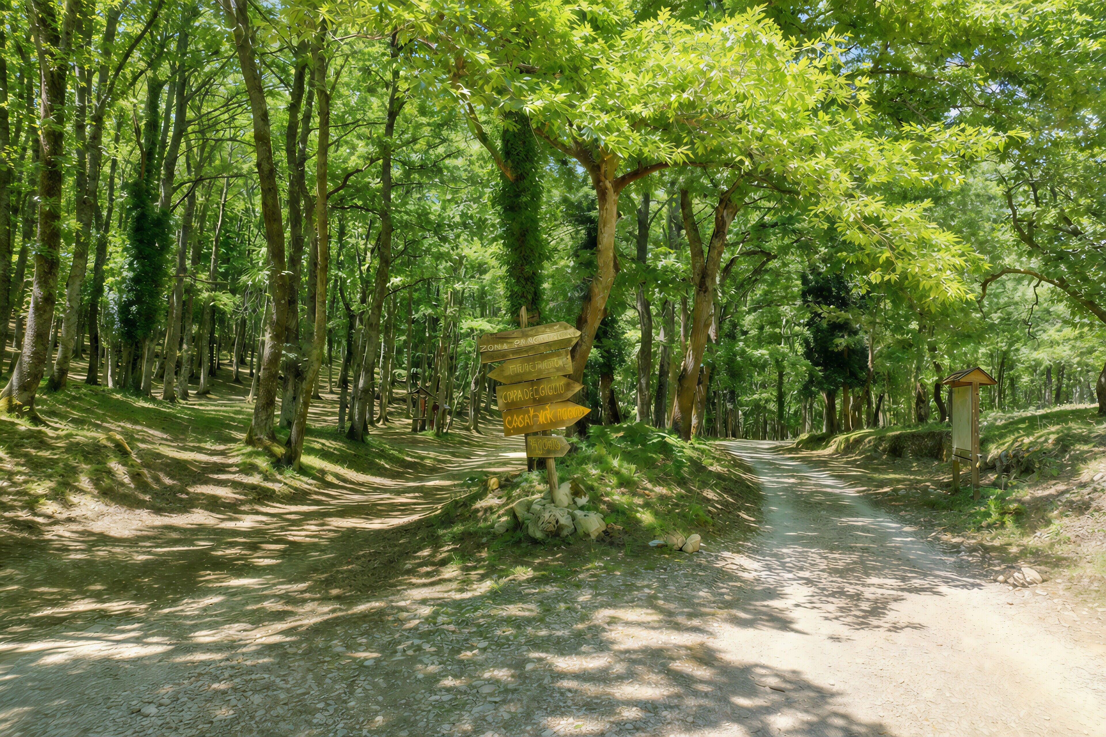 A forest path with directional signs and a wooden structure.