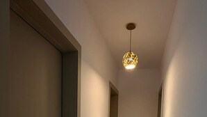 Un couloir avec un luminaire, une porte et un interrupteur mural.