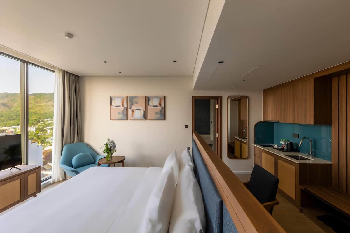 A hotel room with a large bed, a TV, a desk, a chair, a small table with a plant, and a view of the outdoors.