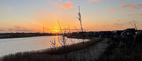 A sunset over a body of water with houses in the background.