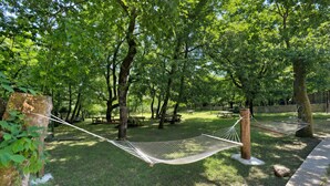 En hängmatta spänd mellan träd i en park med picknickbord och en stenmur i bakgrunden.