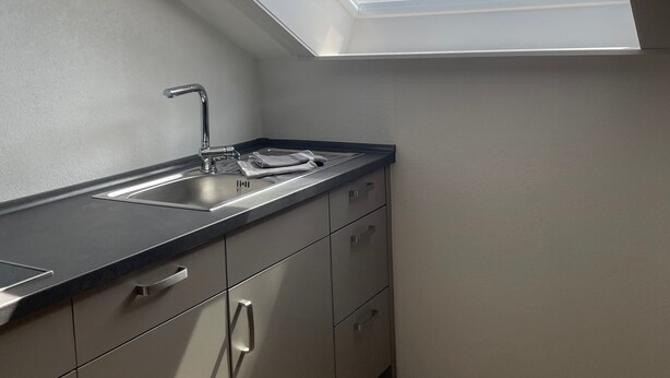 A kitchen with a skylight, a sink, and cabinets. - Studio Apartment Braun (Wasserburg am Bodensee)
