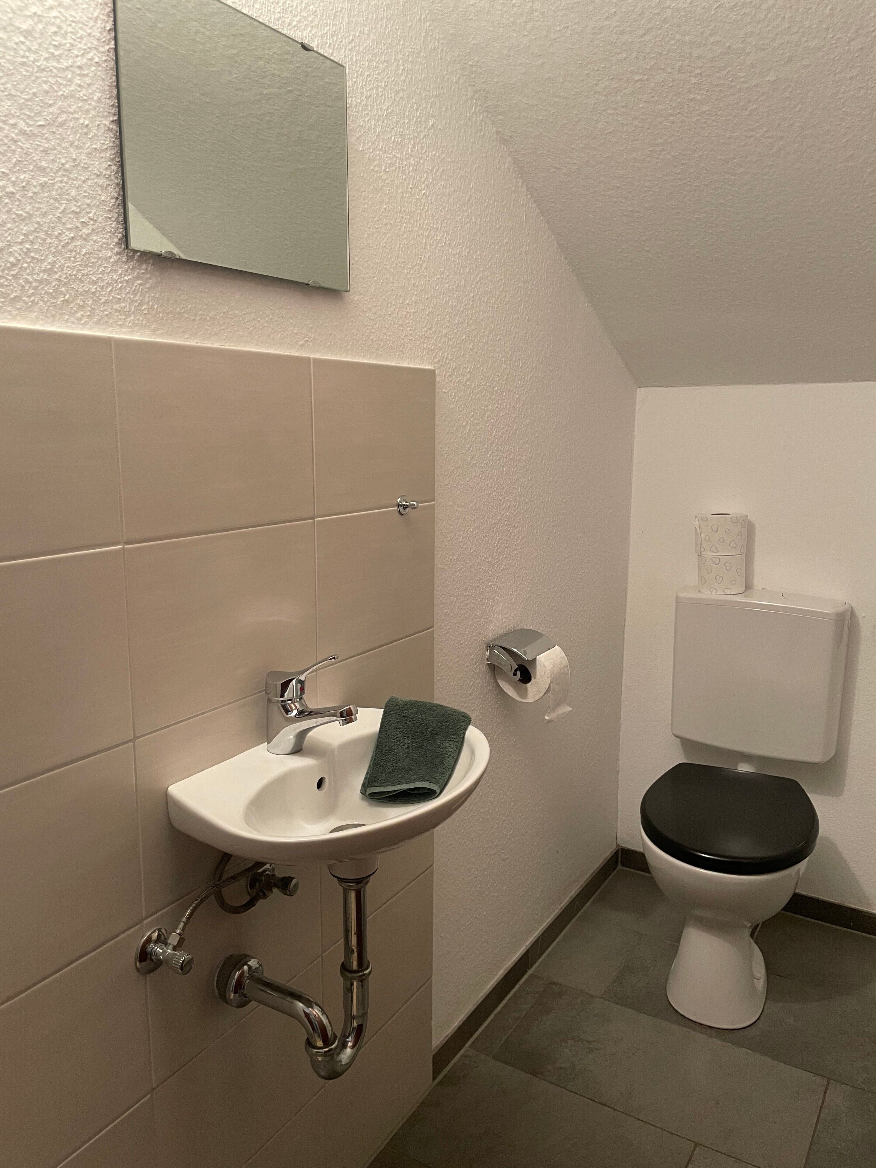 A bathroom with a sink, toilet, and a towel.