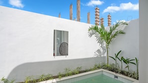 A swimming pool with a tiled edge, surrounded by small plants and a white wall with a window. - New Rooftop Jacuzzi & Private Pool Villa near Canggu/Seminyak. (Bali)