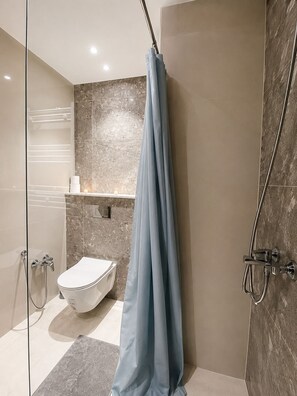 Shower, free toiletries, hair dryer, towels