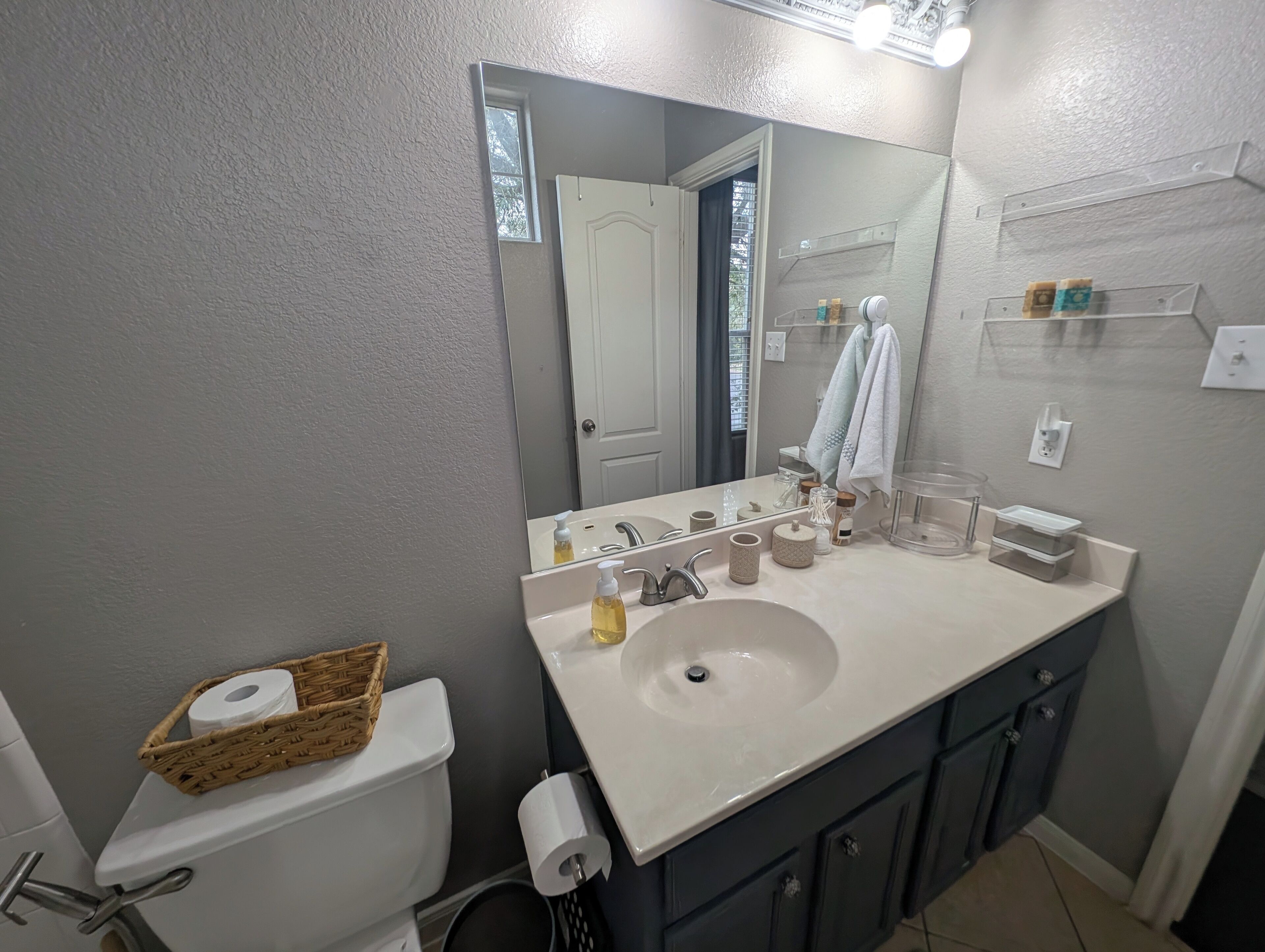 Hair dryer, towels, soap, toilet paper