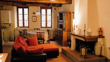 Smart TV, fireplace, books