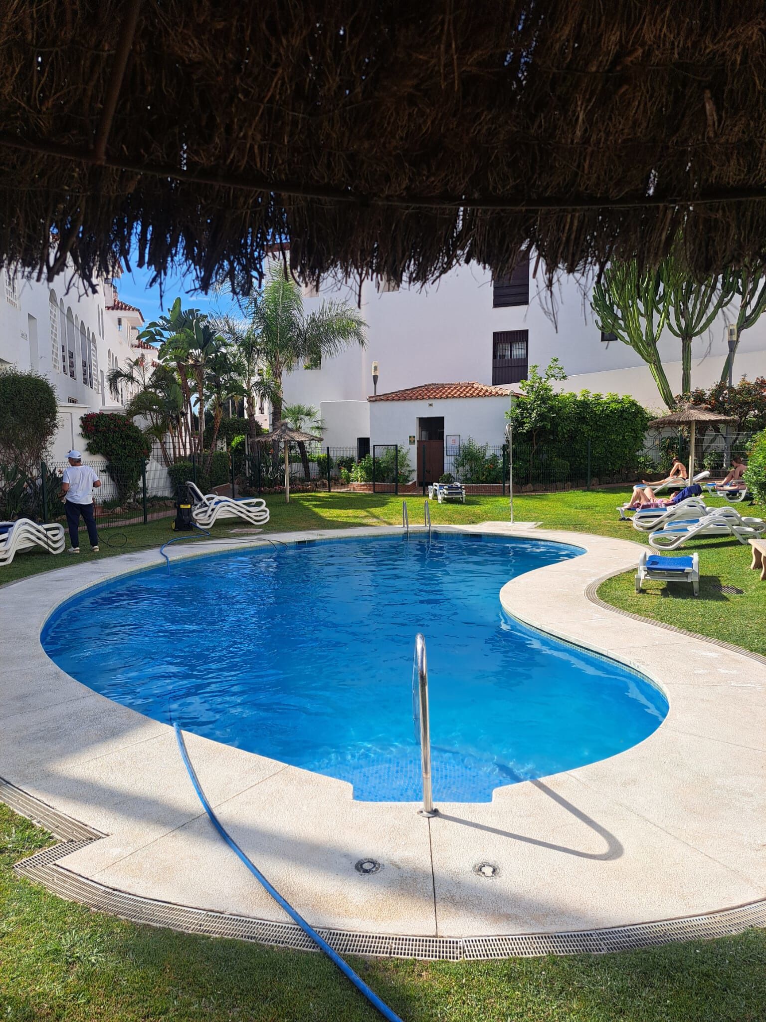 A swimming pool with lounge chairs, a covered area, and a building in the background.