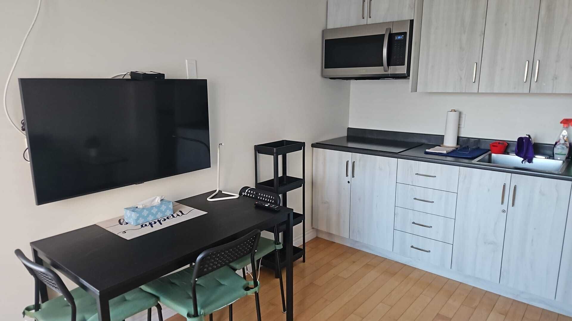 A compact kitchen with a flat-screen TV, a microwave, and a sink.