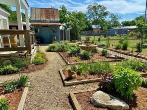 Ein Garten mit Kiesweg, verschiedenen Pflanzen und einem rustikalen Gebäude.