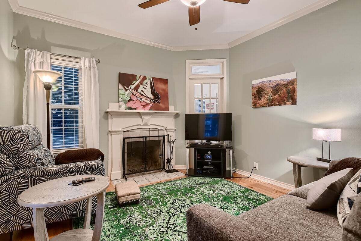Un salon avec une cheminée, un téléviseur, un canapé, une table basse et un tapis à motifs.