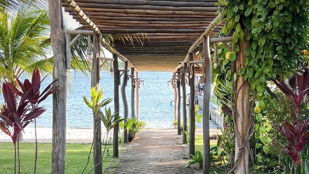Un camí de maó que porta a una platja, amb una pèrgola de fusta per sobre.