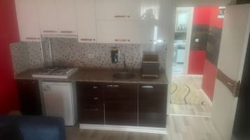 Deluxe Apartment, Balcony | Private kitchen | Mini-fridge, stovetop, cookware/dishes/utensils, cleaning supplies