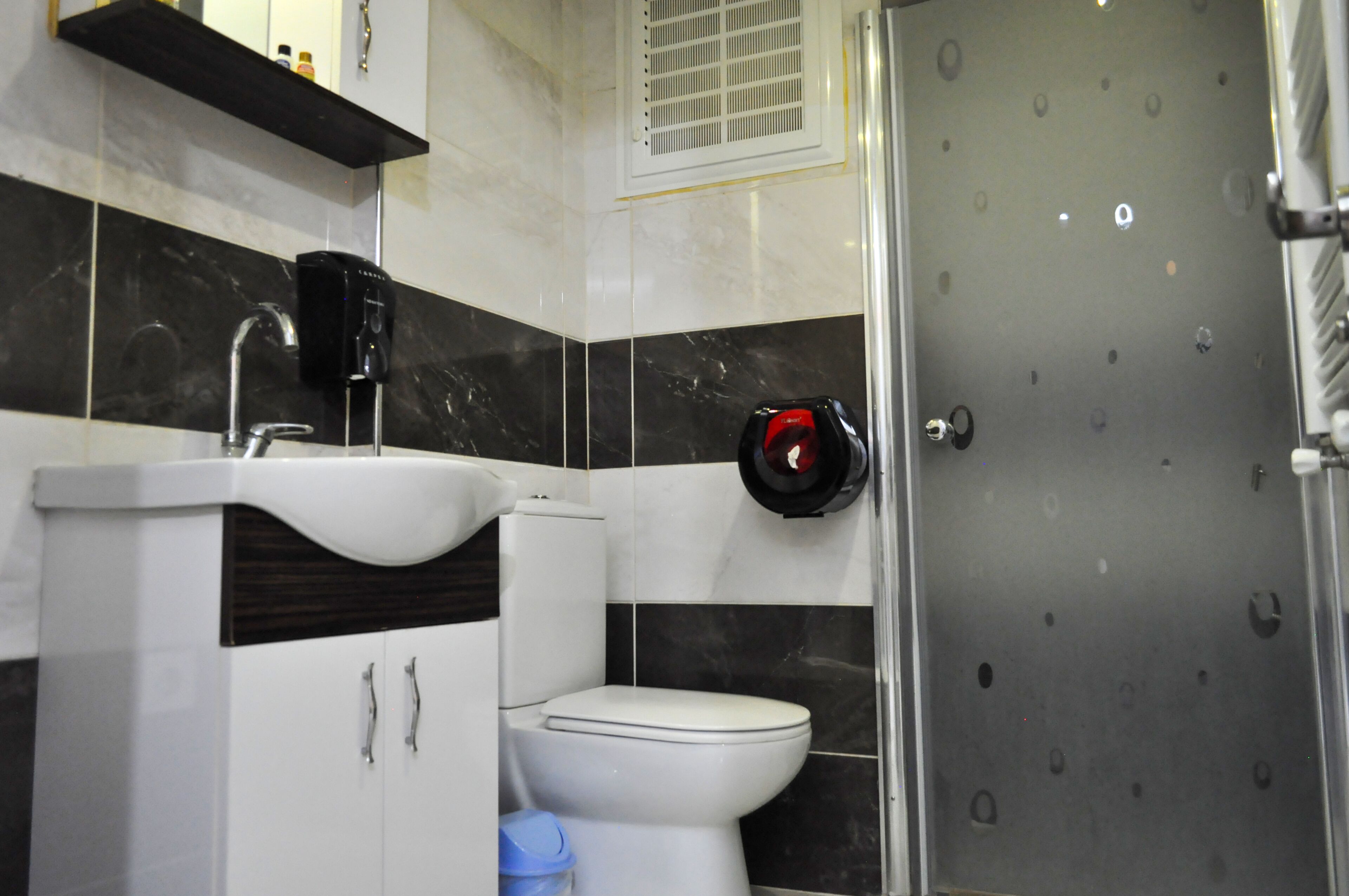 Bagno con WC, lavabo e zona doccia.