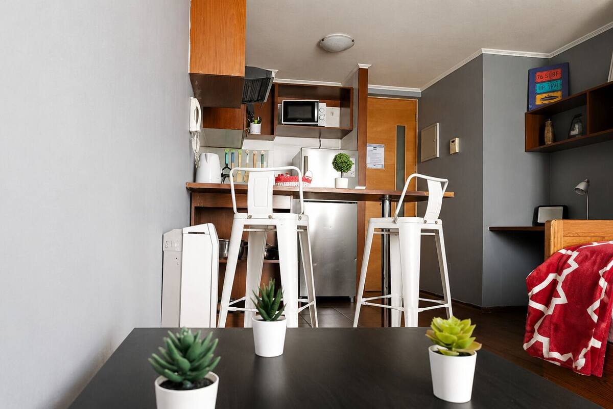 Una habitación compacta con kitchenette, una cama con una manta roja y dos plantas en macetas sobre la mesa.