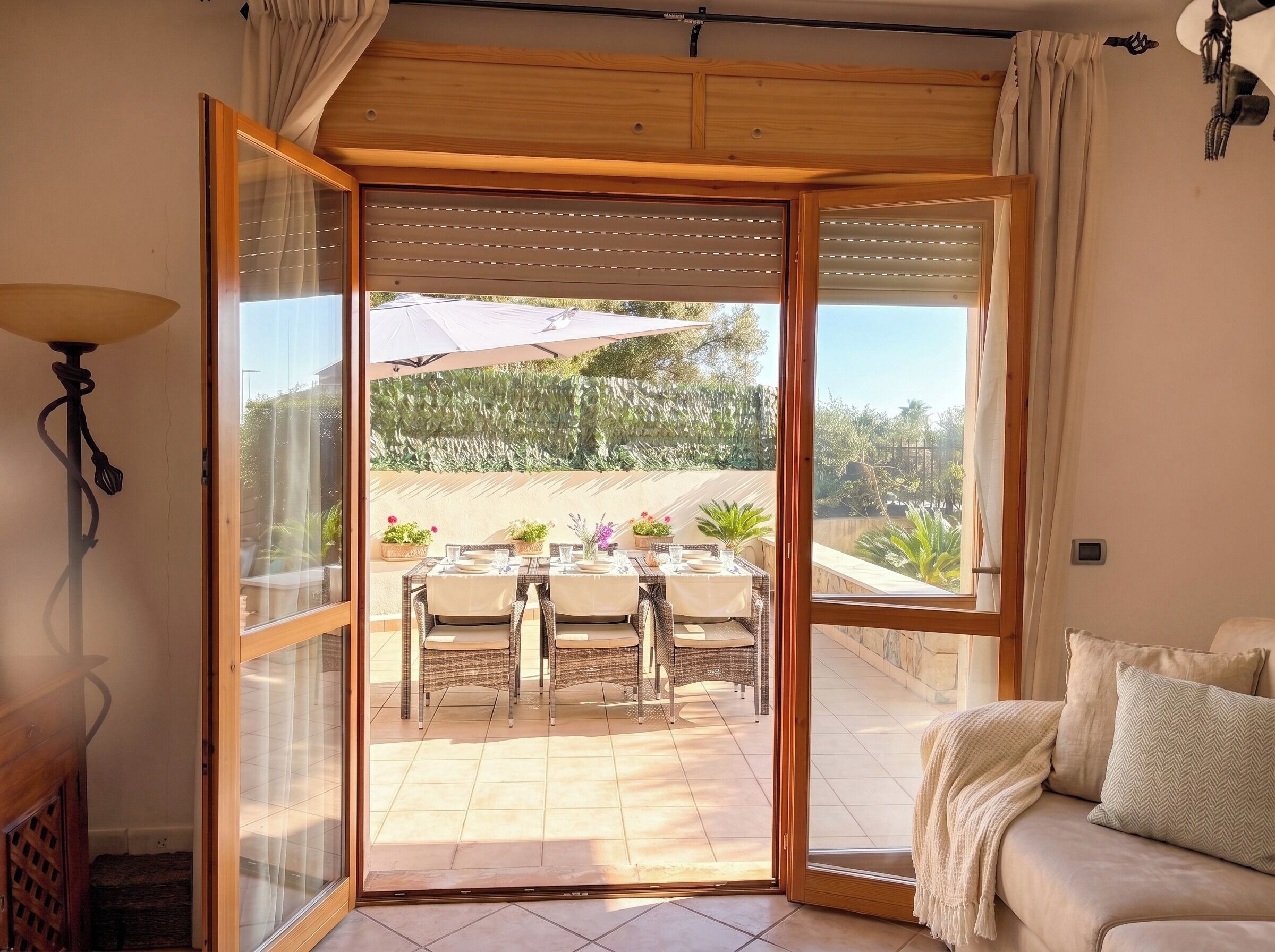 A room with a sliding glass door leading to an outdoor patio with a table and chairs, a sofa, and a lamp.