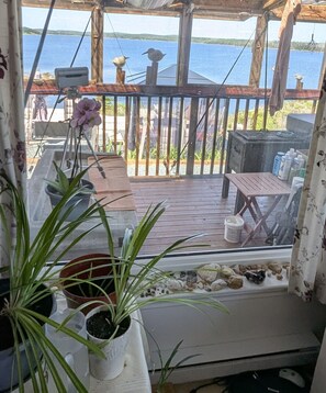 Terraza de madera con vistas a una masa de agua, una planta en maceta y una mesa con objetos encima.