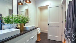 A bathroom with a sink, mirror, potted plant, and towels. - Suite 1 at Kubli Haus - Luxury, Style & Location, 1 block to Britt (Jacksonville)