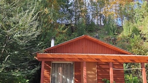 Une petite cabane en bois, dotée d’un toit en pente, entourée d’une forêt dense.