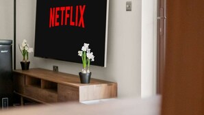 En moderne stue med et fladskærms-tv på væggen, der viser 'NETFLIX', et træsofabord og to krukker med planter.