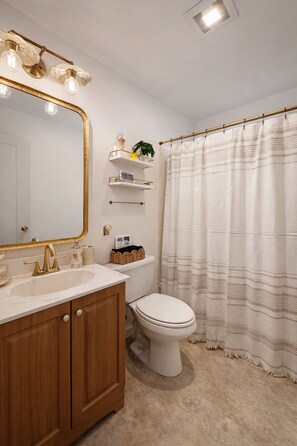 Hair dryer, towels, soap, toilet paper