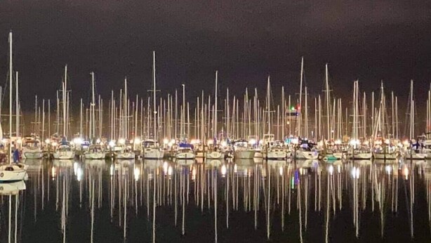 A marina at night with numerous sailboats docked and their reflections visible on the water. - Urban Retreat • Explore DTSP, Walk Everywhere! (St. Petersburg)