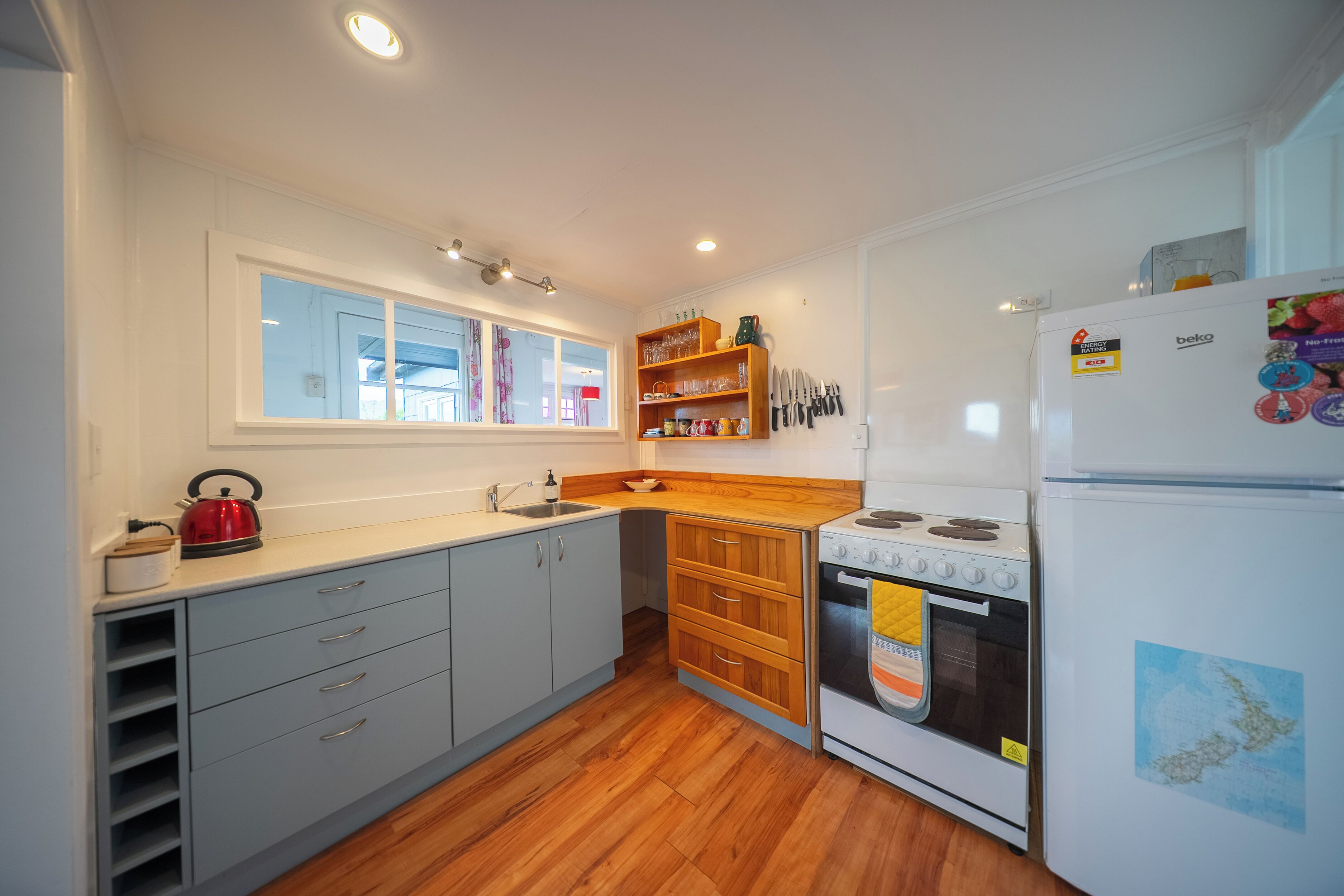 Fridge, microwave, toaster, cookware/dishes/utensils