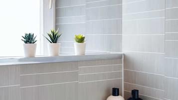 Shower, hair dryer, shampoo