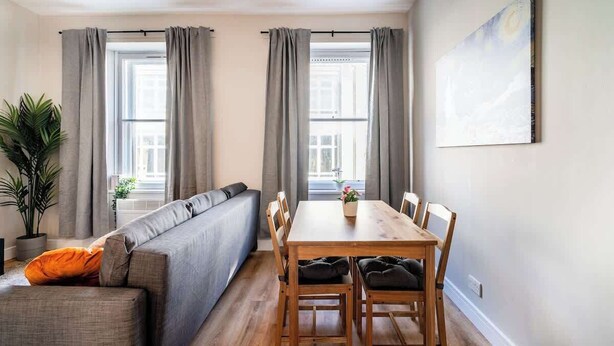 Quarto com sofá, mesa de jantar, cadeiras, um vaso de planta e um quadro na parede.