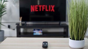 Een afstandsbediening op een houten tafel, met een potplant ernaast, en een televisie waarop het Netflix-logo te zien is.