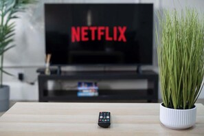 Eine Fernbedienung auf einem Holztisch, daneben ein Blumentopf, im Hintergrund ein Fernseher mit dem Netflix-Logo.
