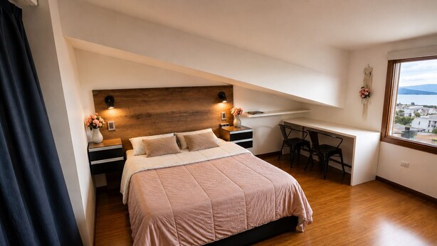 Ein Schlafzimmer mit einem Bett, Nachttischen, einem Schreibtisch und einem Stuhl.