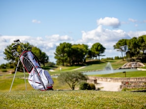 Ein Golfbag mit Schlägern auf einer grünen Wiese, im Hintergrund ein Teich und Bäume.